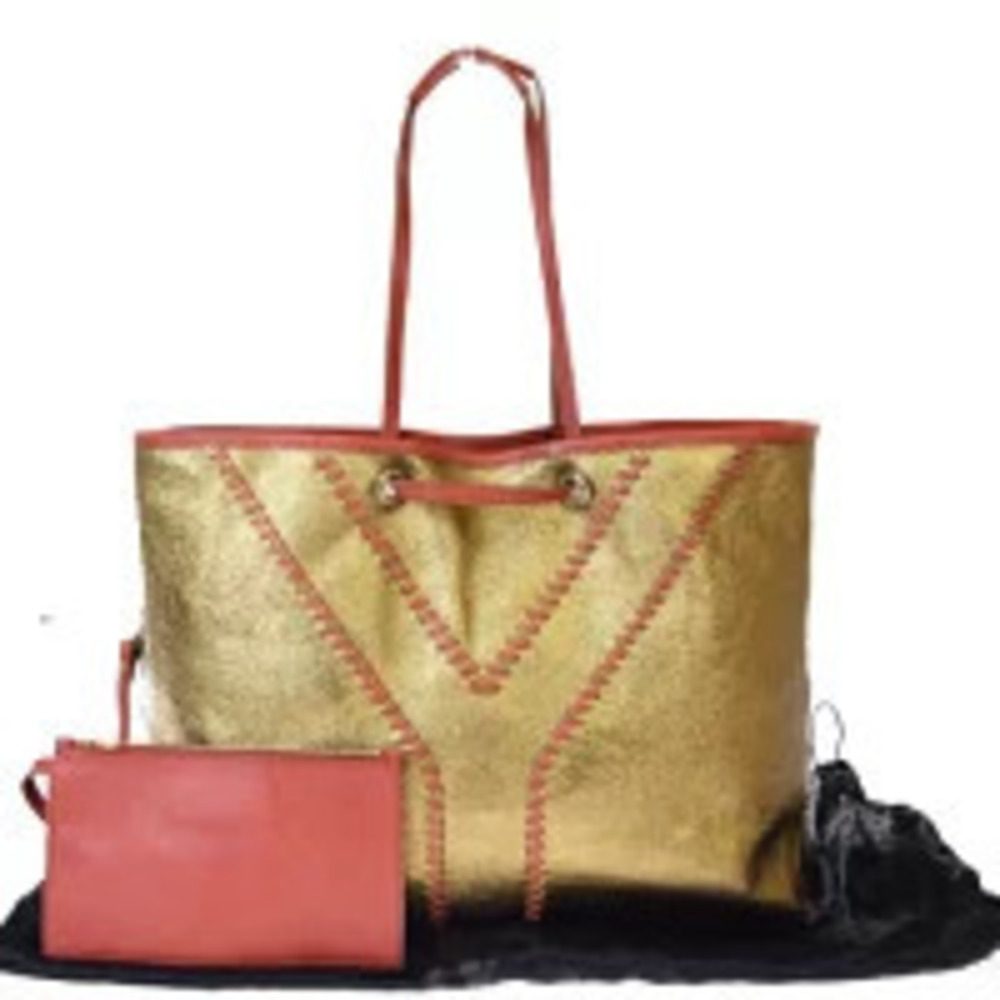 Saint Laurent Yves Neo Double Tote Bag Shoulder Reversible Gold Brown Leather